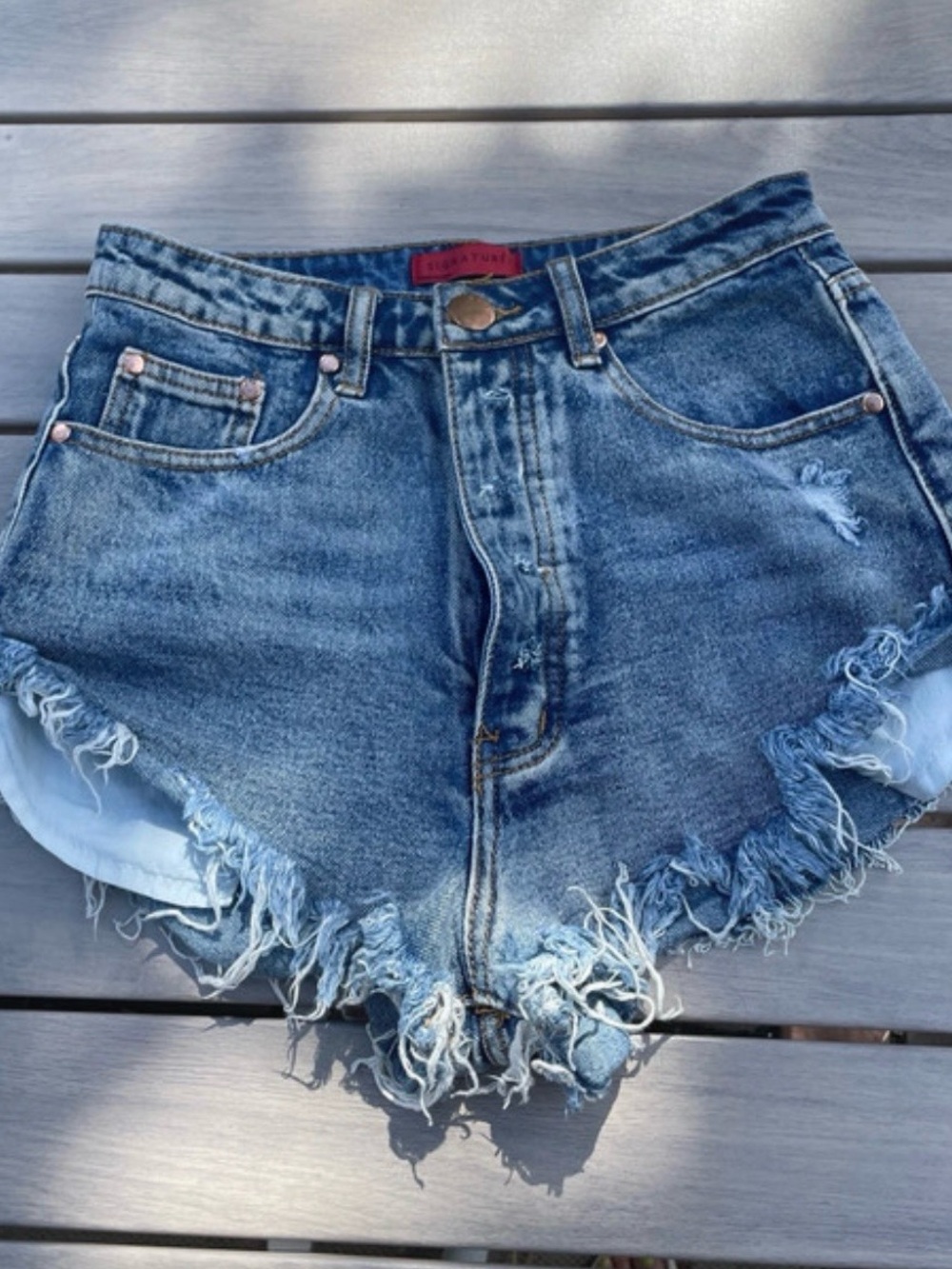 Signature8 High Waist Distressed Denim Shorts - Medium Blue